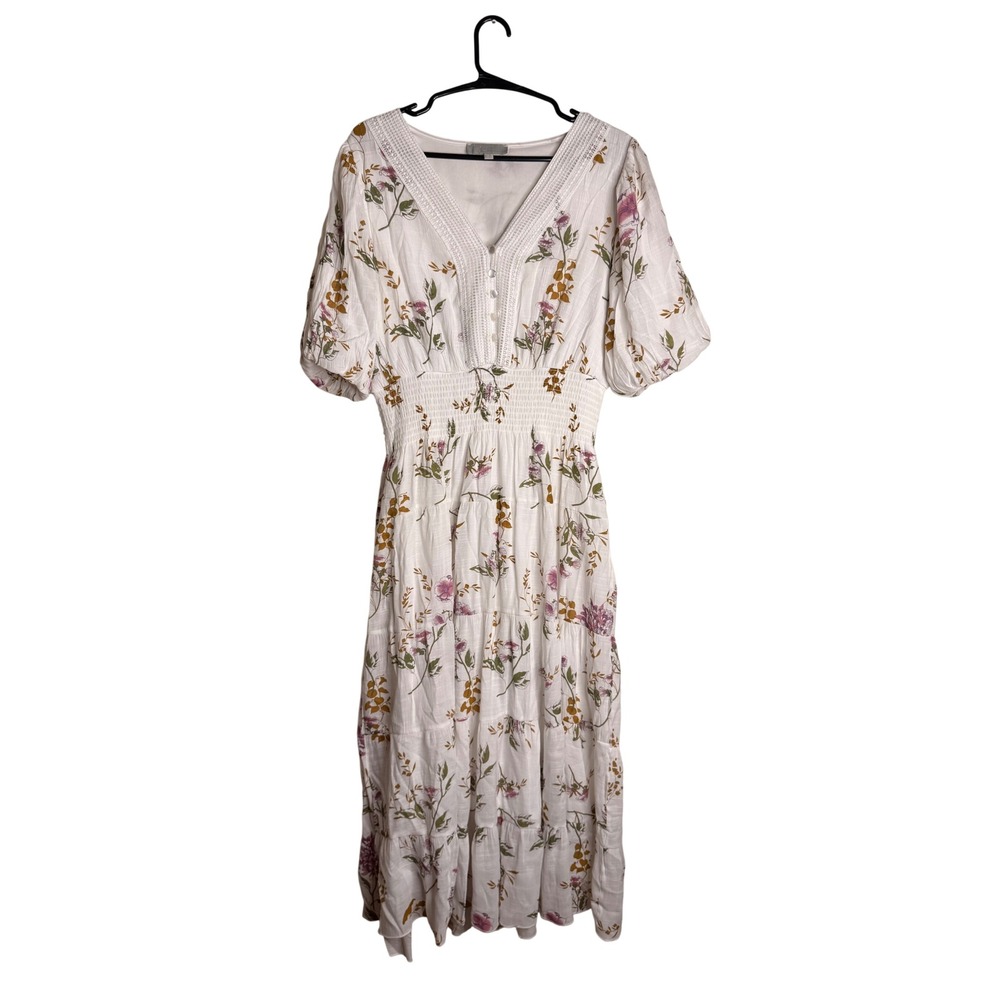 J Gee Floral Maxi Dress L White Cream Ruffle Smocked Tiered Boho Cottagecore